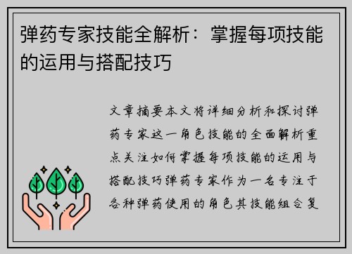 弹药专家技能全解析：掌握每项技能的运用与搭配技巧
